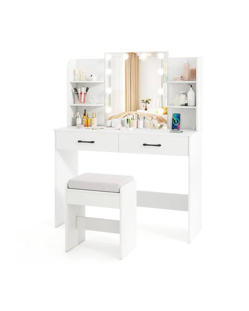 Vanity Set with Lighted Mirror and Stool with Power Outlet-White - White - Makeup Vanities
