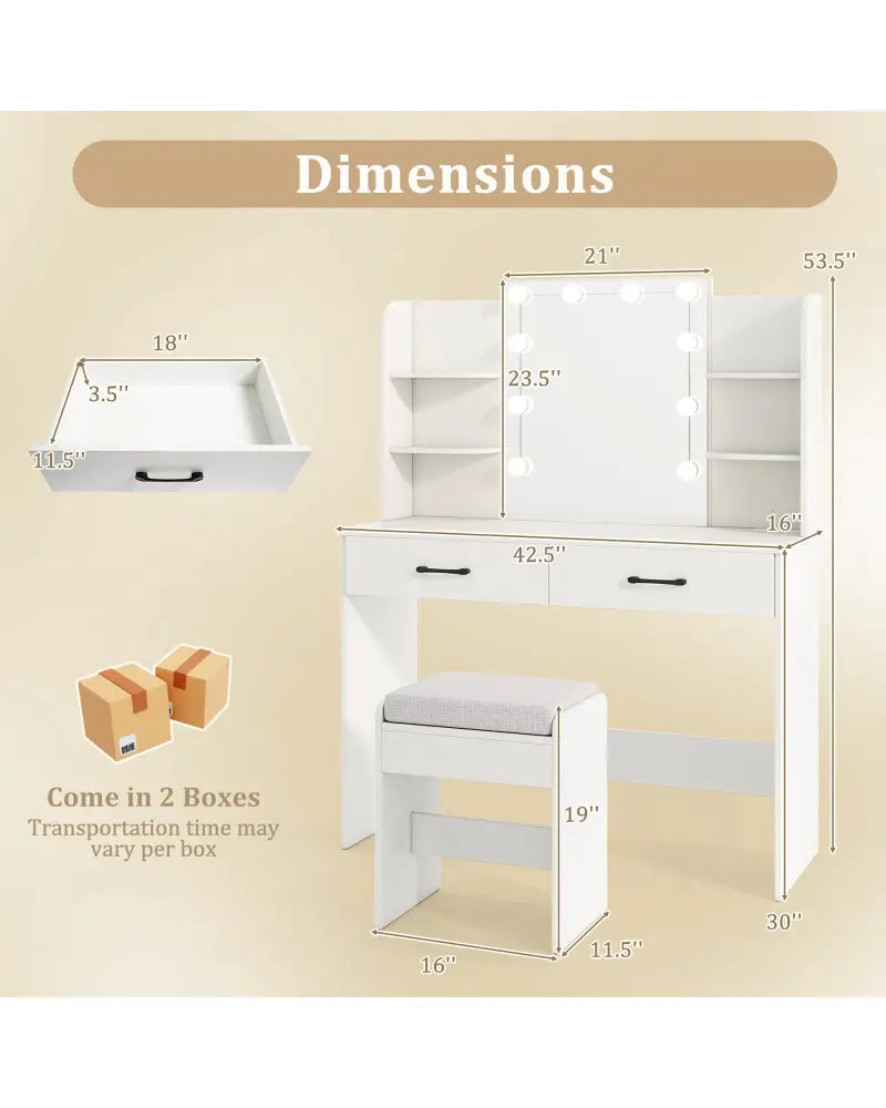 Vanity Set with Lighted Mirror and Stool with Power Outlet-White - White - Makeup Vanities
