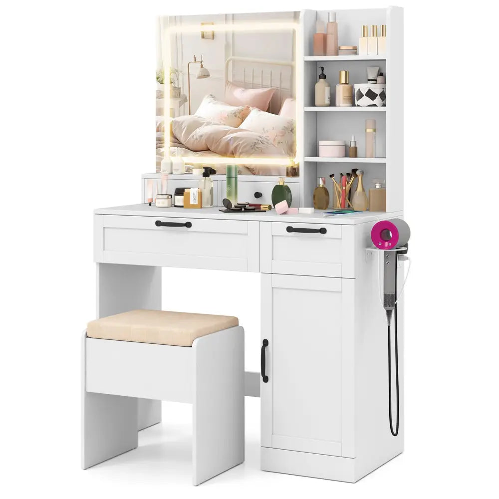 Vanity Set with Mirror and 3 Lighting Modes and Adjustable Brightness-White - White - Makeup Vanities