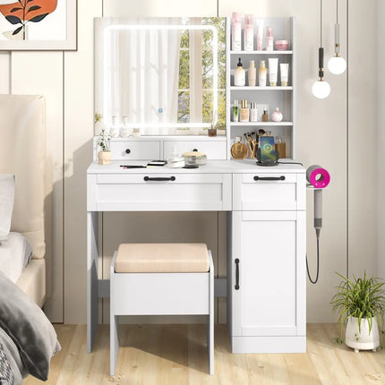 Vanity Set with Mirror and 3 Lighting Modes and Adjustable Brightness-White - White - Makeup Vanities