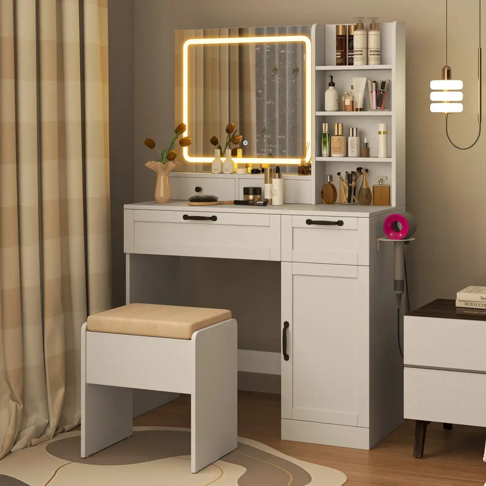 Vanity Set with Mirror and 3 Lighting Modes and Adjustable Brightness-White - White - Makeup Vanities