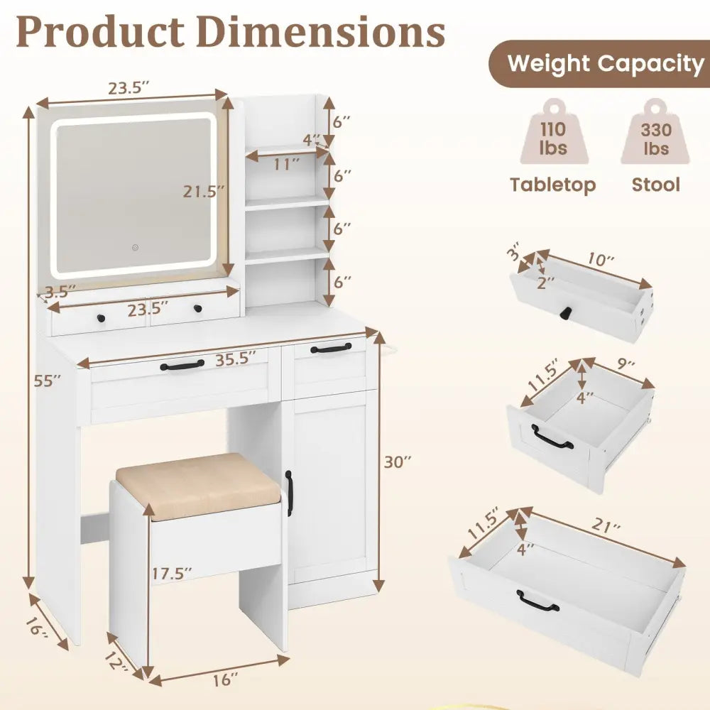 Vanity Set with Mirror and 3 Lighting Modes and Adjustable Brightness-White - White - Makeup Vanities