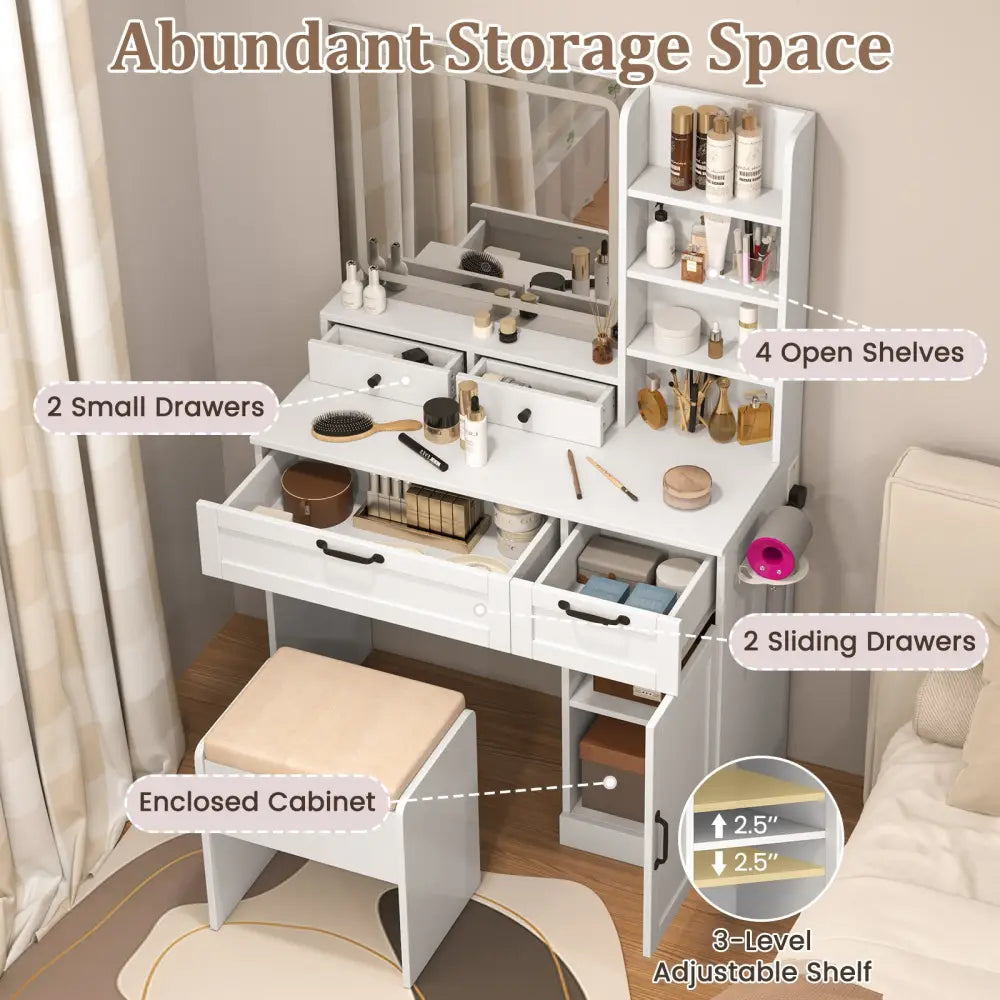 Vanity Set with Mirror and 3 Lighting Modes and Adjustable Brightness-White - White - Makeup Vanities
