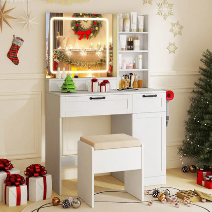 Vanity Set with Mirror and 3 Lighting Modes and Adjustable Brightness-White - White - Makeup Vanities