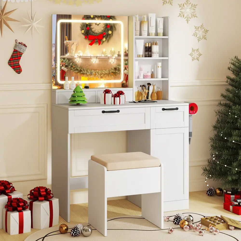Vanity Set with Mirror and 3 Lighting Modes and Adjustable Brightness-White - White - Makeup Vanities