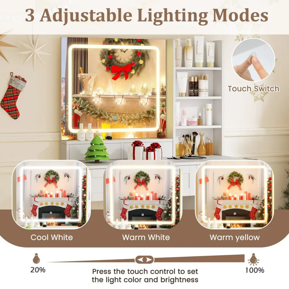 Vanity Set with Mirror and 3 Lighting Modes and Adjustable Brightness-White - White - Makeup Vanities