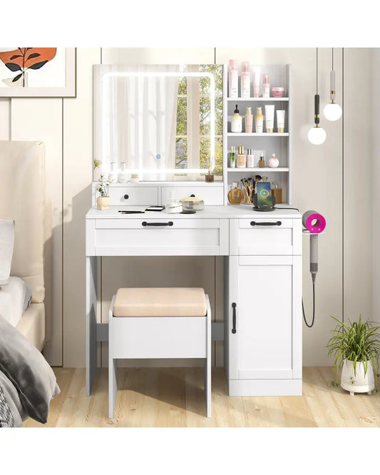 Vanity Set with Mirror and 3 Lighting Modes and Adjustable Brightness-White - White - Makeup Vanities