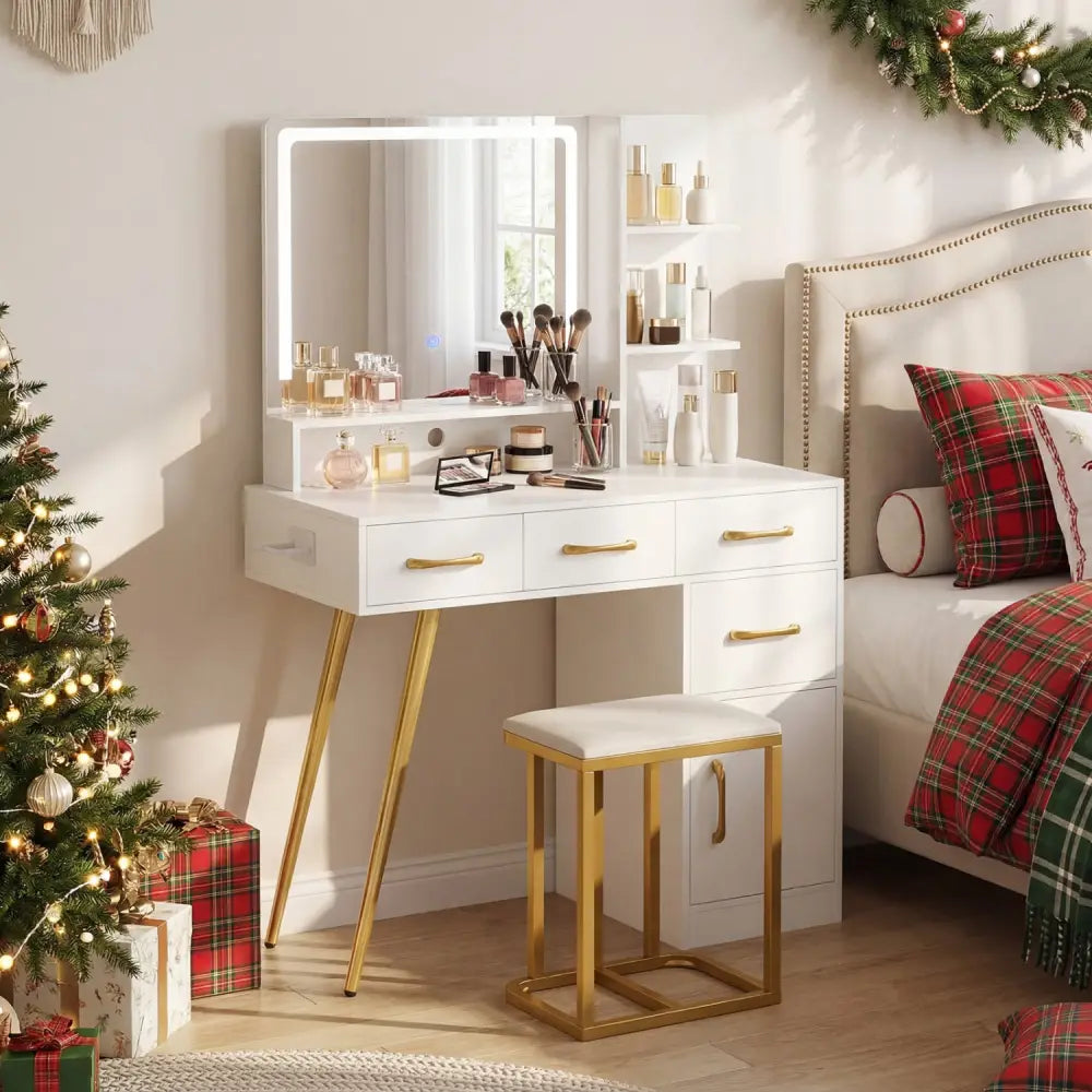Vanity Set with Mirror and Lights and Table with Adjustable Brightness-White - White - Makeup Vanities