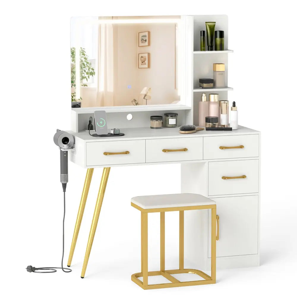 Vanity Set with Mirror and Lights and Table with Adjustable Brightness-White - White - Makeup Vanities