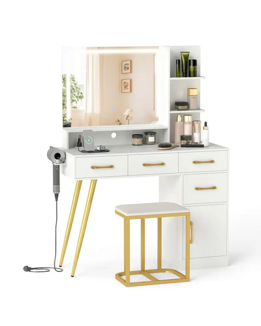 Vanity Set with Mirror and Lights and Table with Adjustable Brightness-White - White - Makeup Vanities