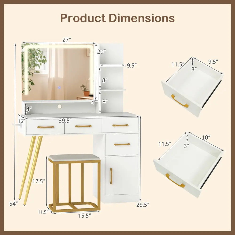 Vanity Set with Mirror and Lights and Table with Adjustable Brightness-White - White - Makeup Vanities