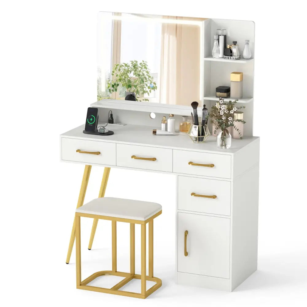 Vanity Set with Mirror and Lights and Table with Adjustable Brightness-White - White - Makeup Vanities