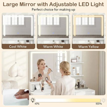 Vanity Set with Mirror and Lights and Table with Adjustable Brightness-White - White - Makeup Vanities