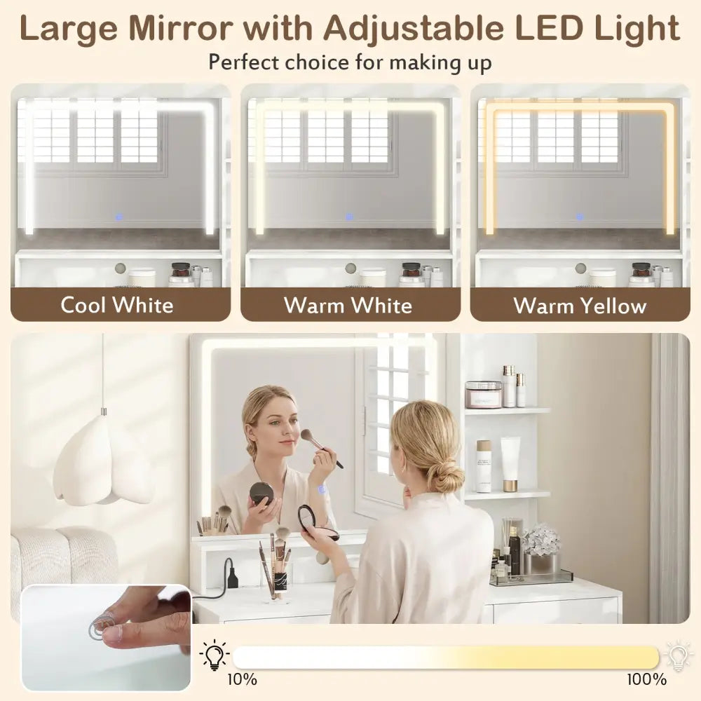 Vanity Set with Mirror and Lights and Table with Adjustable Brightness-White - White - Makeup Vanities