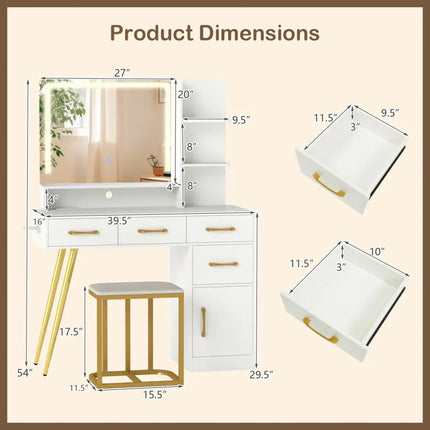Vanity Set with Mirror and Lights and Table with Adjustable Brightness-White - White - Makeup Vanities