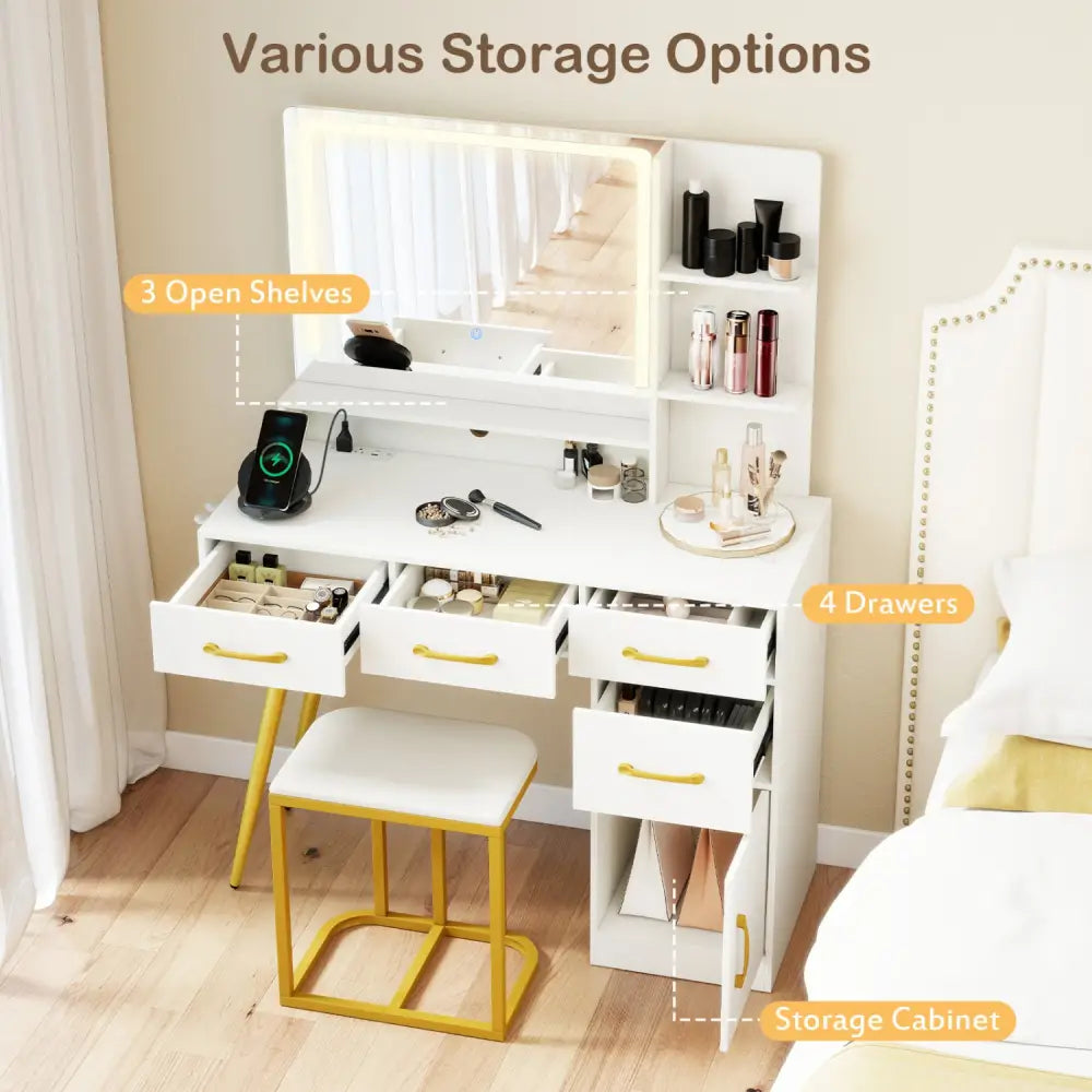Vanity Set with Mirror and Lights and Table with Adjustable Brightness-White - White - Makeup Vanities