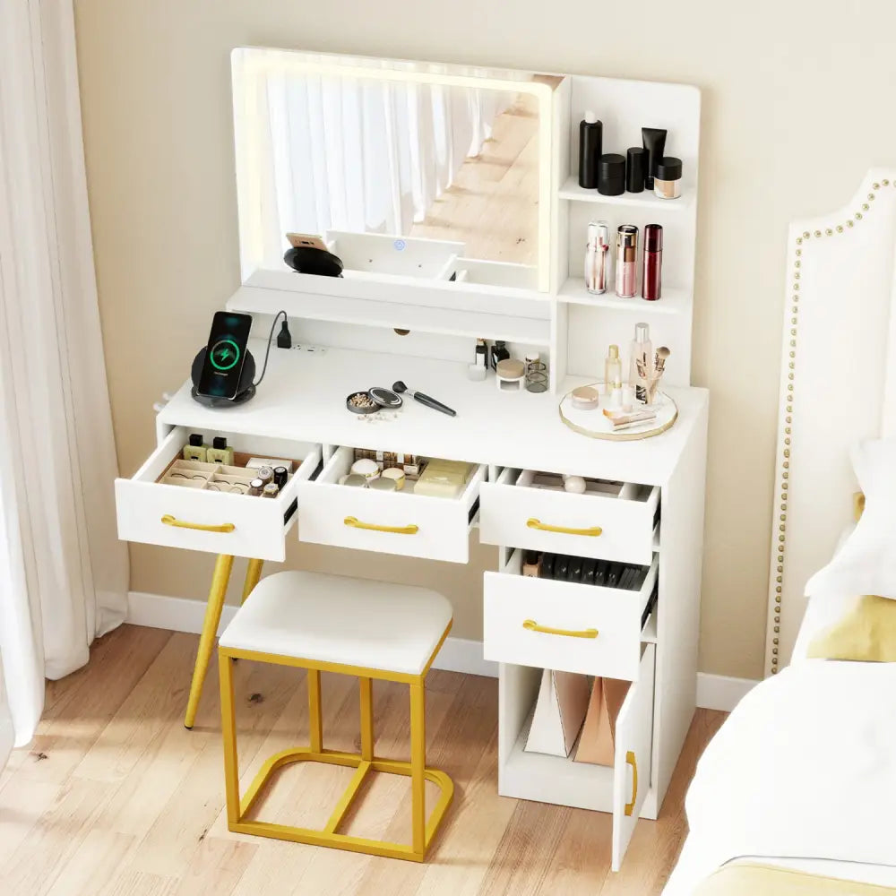 Vanity Set with Mirror and Lights and Table with Adjustable Brightness-White - White - Makeup Vanities