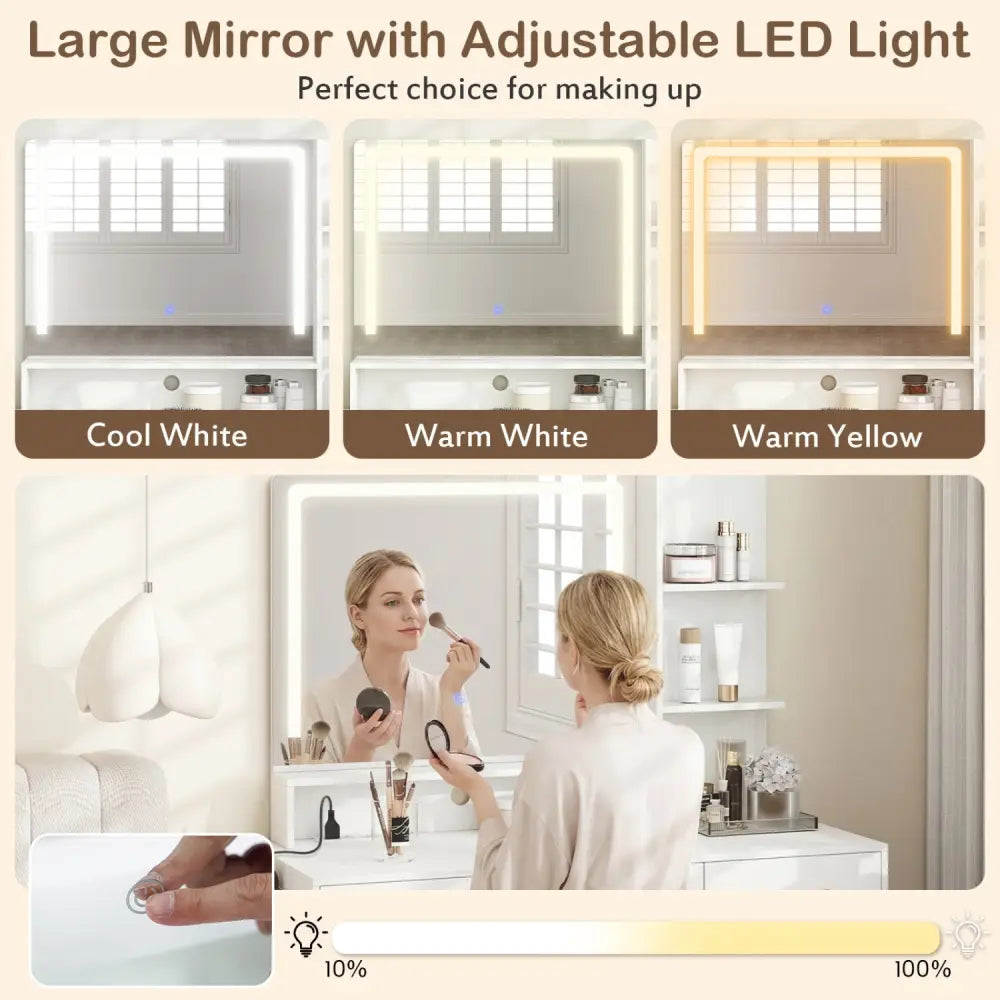 Vanity Set with Mirror and Lights and Table with Adjustable Brightness-White - White - Makeup Vanities