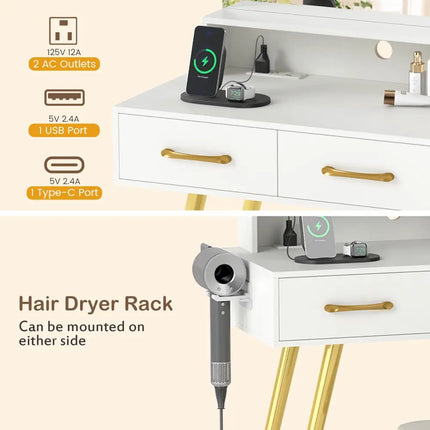 Vanity Set with Mirror and Lights and Table with Adjustable Brightness-White - White - Makeup Vanities