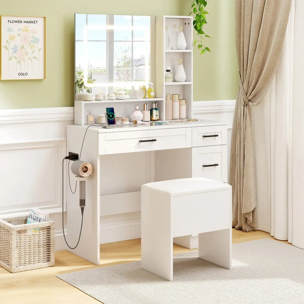 Vanity Stool Flip Top Storage Stool with Soft Padded Seat-White - White - Ottomans