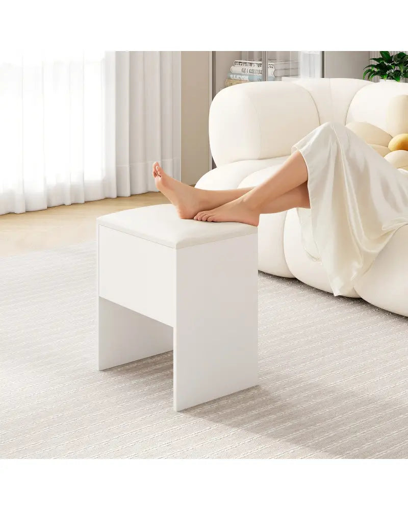 Vanity Stool Flip Top Storage Stool with Soft Padded Seat-White - White - Ottomans