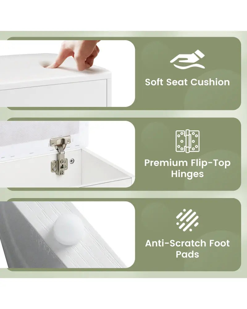 Vanity Stool Flip Top Storage Stool with Soft Padded Seat-White - White - Ottomans