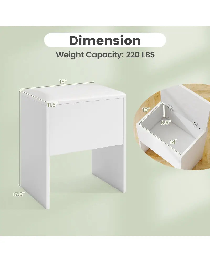 Vanity Stool Flip Top Storage Stool with Soft Padded Seat-White - White - Ottomans
