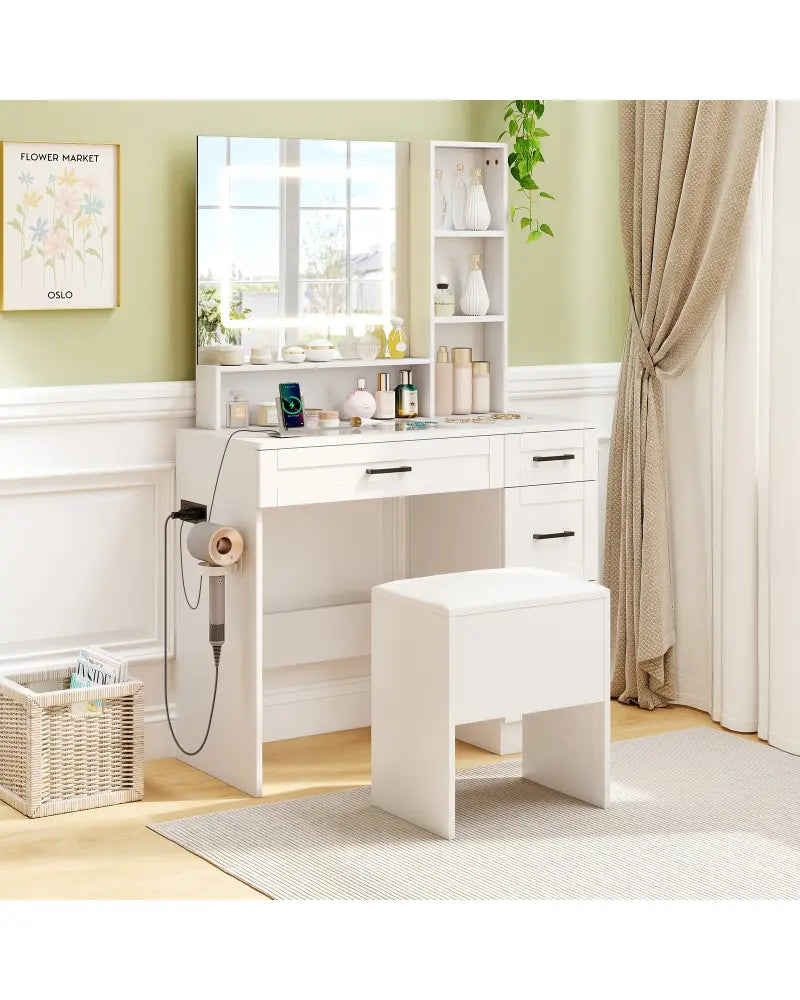Vanity Stool Flip Top Storage Stool with Soft Padded Seat-White - White - Ottomans