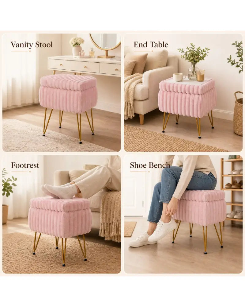 Vanity Stool with Storage and Reversible Lid Faux Fur Upholstered Ottoman-Pink - Pink - Makeup Vanities