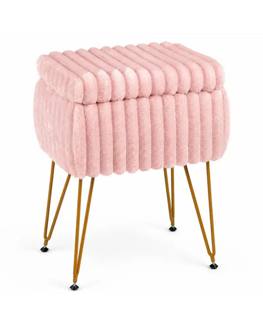 Vanity Stool with Storage and Reversible Lid Faux Fur Upholstered Ottoman-Pink - Pink - Makeup Vanities