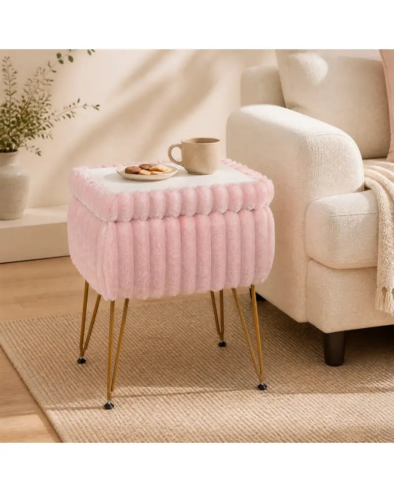 Vanity Stool with Storage and Reversible Lid Faux Fur Upholstered Ottoman-Pink - Pink - Makeup Vanities