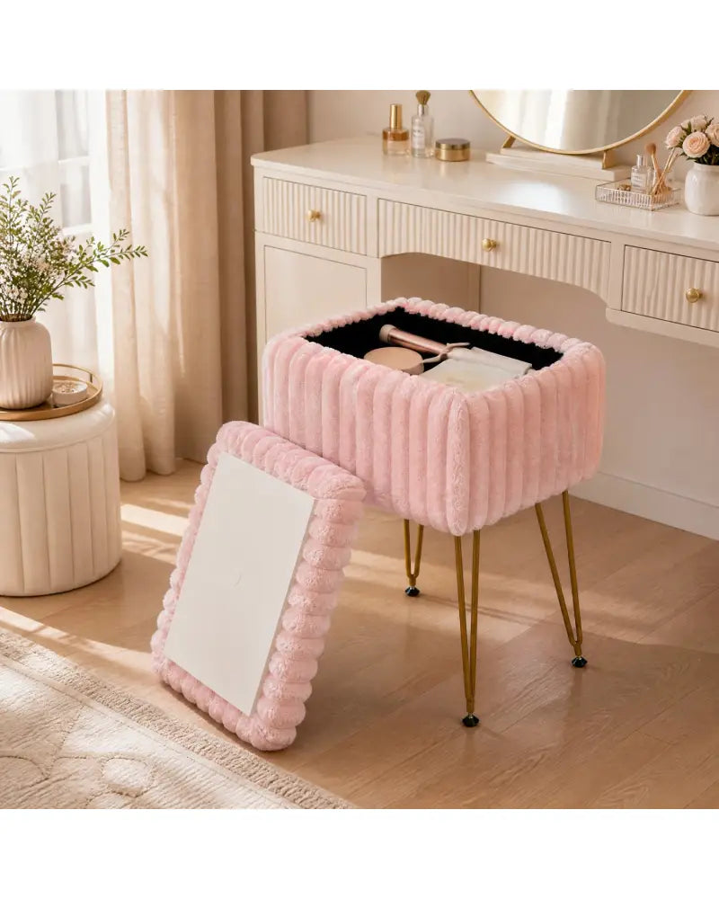 Vanity Stool with Storage and Reversible Lid Faux Fur Upholstered Ottoman-Pink - Pink - Makeup Vanities
