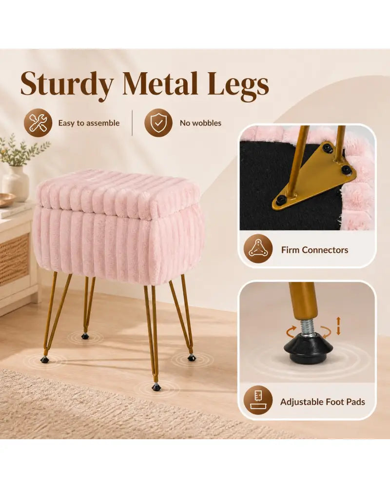 Vanity Stool with Storage and Reversible Lid Faux Fur Upholstered Ottoman-Pink - Pink - Makeup Vanities
