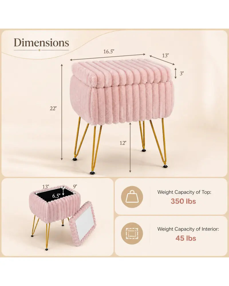 Vanity Stool with Storage and Reversible Lid Faux Fur Upholstered Ottoman-Pink - Pink - Makeup Vanities