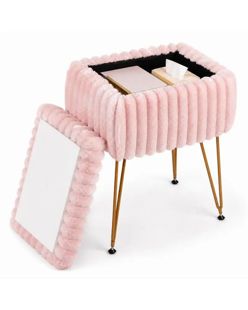 Vanity Stool with Storage and Reversible Lid Faux Fur Upholstered Ottoman-Pink - Pink - Makeup Vanities