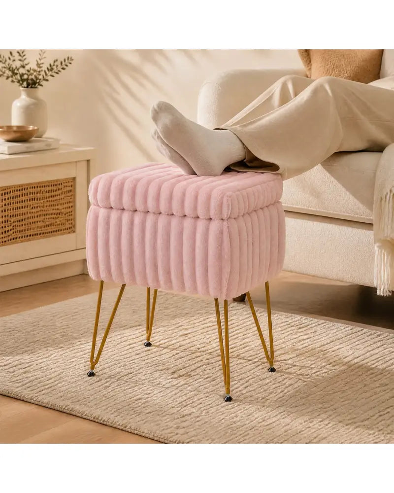 Vanity Stool with Storage and Reversible Lid Faux Fur Upholstered Ottoman-Pink - Pink - Makeup Vanities