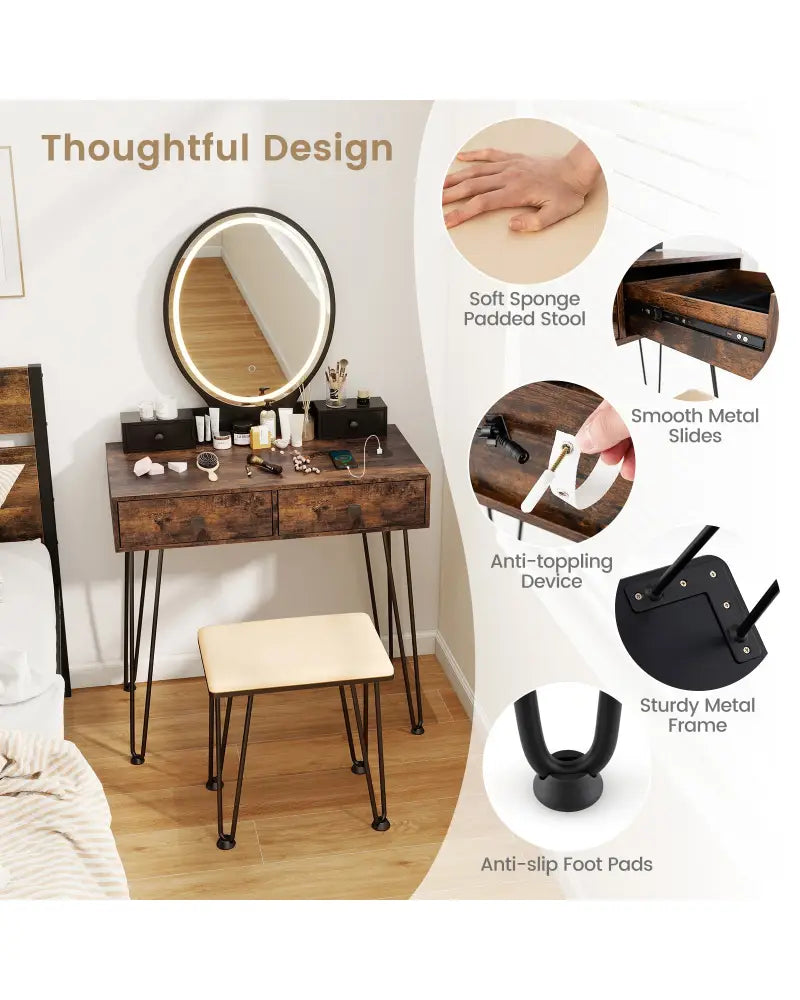 Vanity Table Set with 3-Color Lighted Dimmable Mirror-Brown - Brown - Makeup Vanities