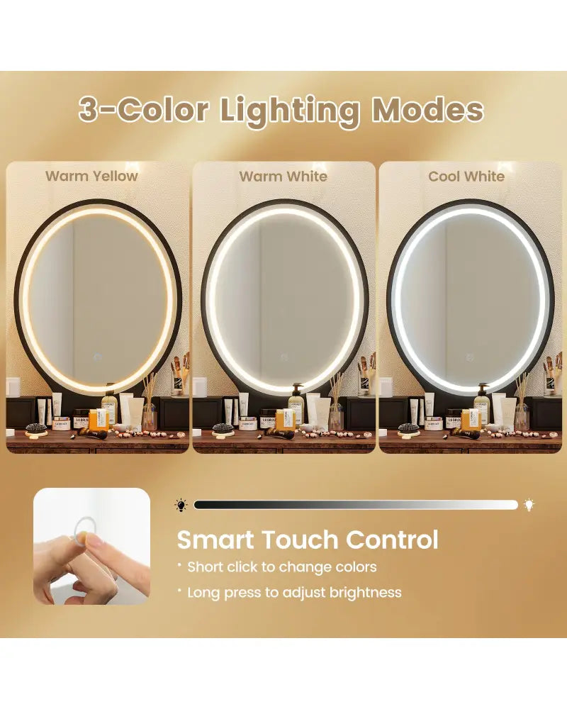 Vanity Table Set with 3-Color Lighted Dimmable Mirror-Brown - Brown - Makeup Vanities