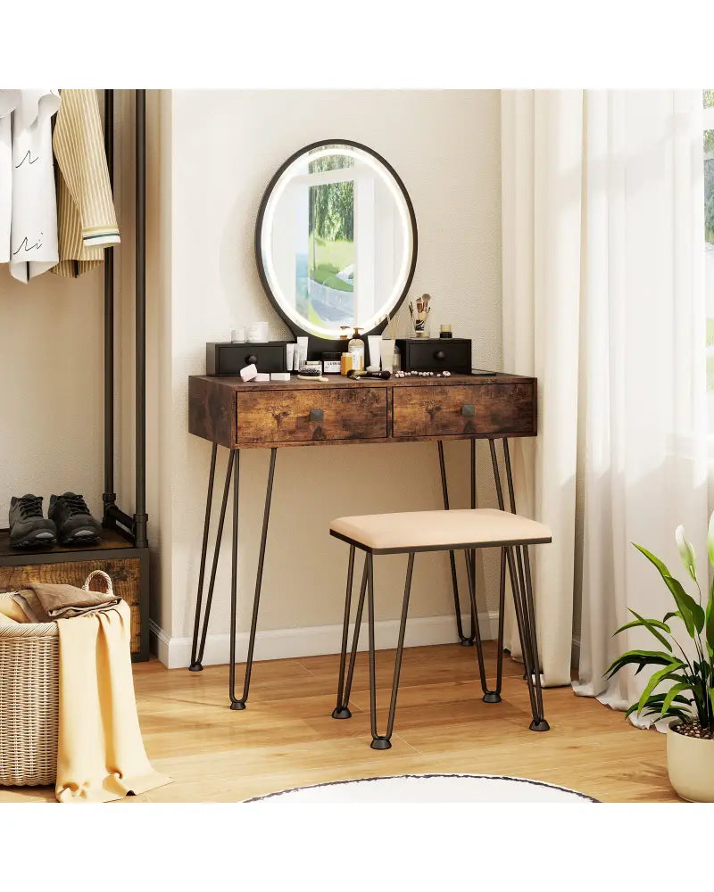 Vanity Table Set with 3-Color Lighted Dimmable Mirror-Brown - Brown - Makeup Vanities