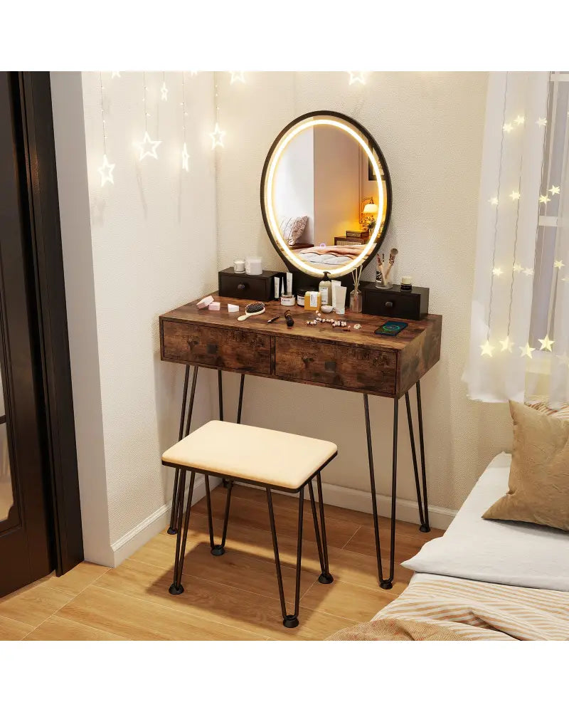 Vanity Table Set with 3-Color Lighted Dimmable Mirror-Brown - Brown - Makeup Vanities