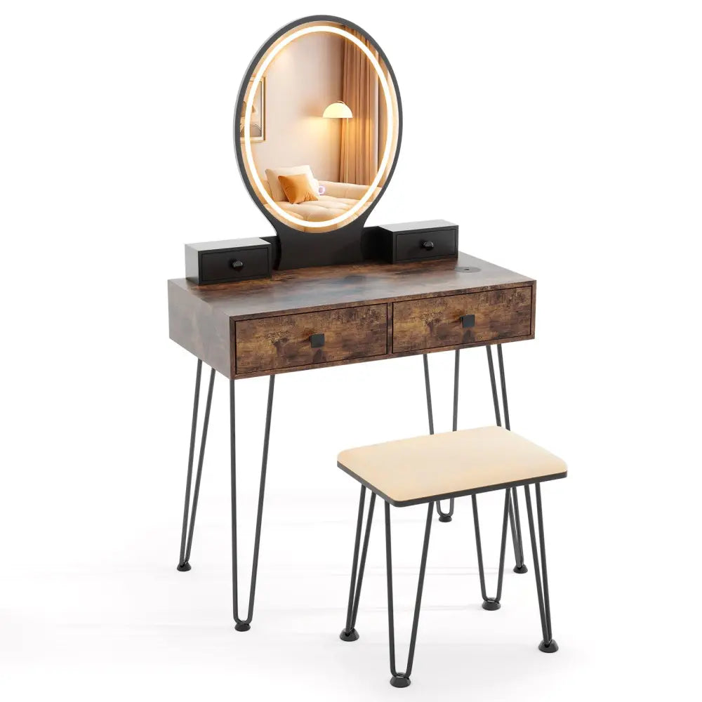 Vanity Table Set with 3-Color Lighted Dimmable Mirror-Brown - Brown - Makeup Vanities