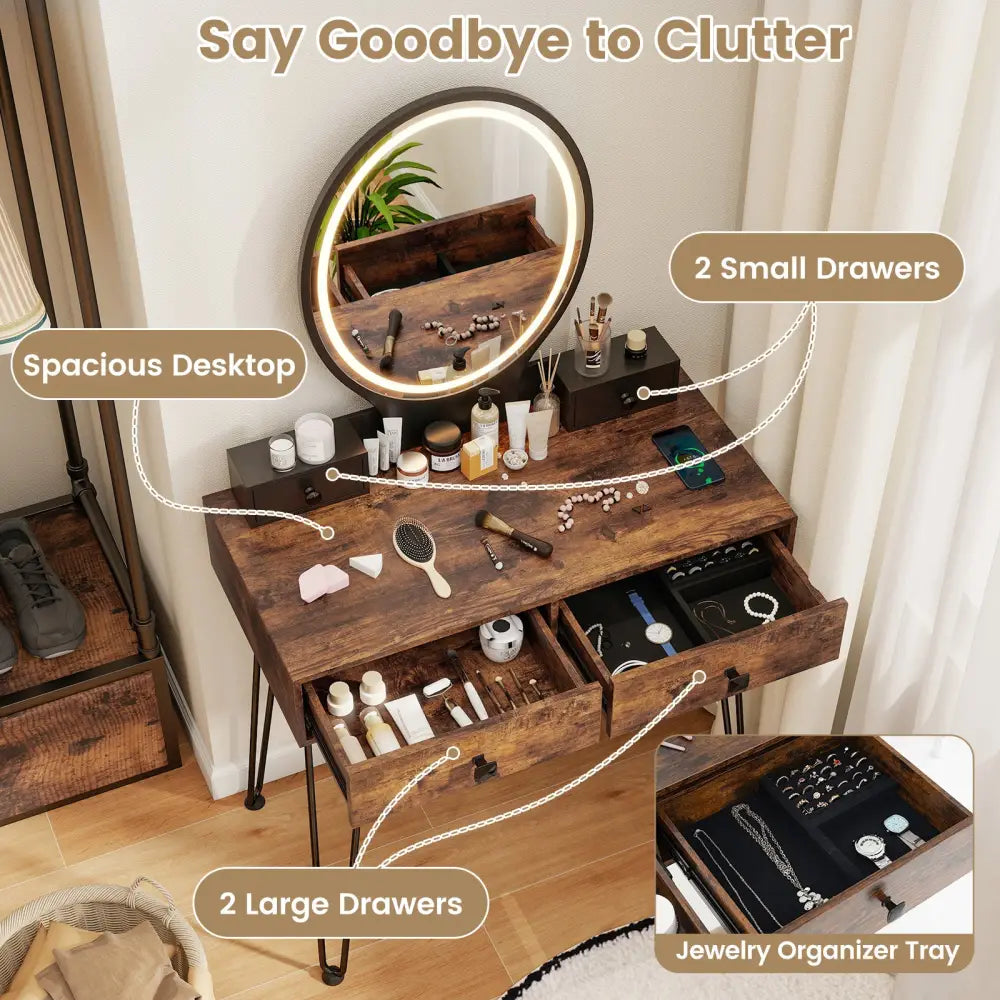 Vanity Table Set with 3-Color Lighted Dimmable Mirror-Brown - Brown - Makeup Vanities