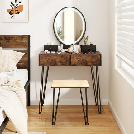 Vanity Table Set with 3-Color Lighted Dimmable Mirror-Brown - Brown - Makeup Vanities
