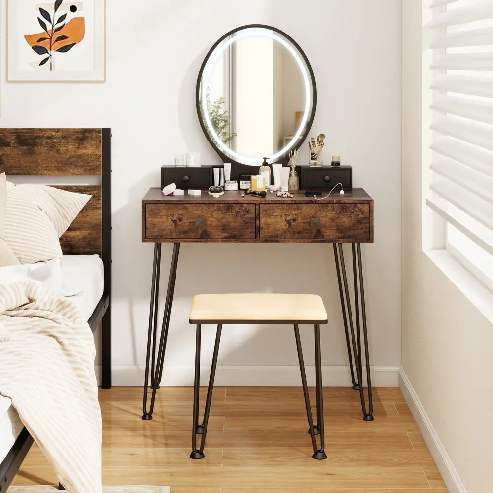 Vanity Table Set with 3-Color Lighted Dimmable Mirror-Brown - Brown - Makeup Vanities