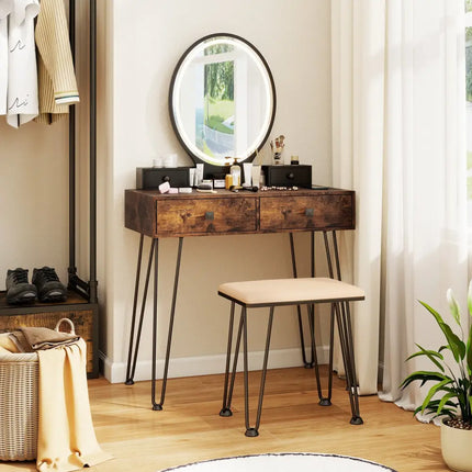 Vanity Table Set with 3-Color Lighted Dimmable Mirror-Brown - Brown - Makeup Vanities