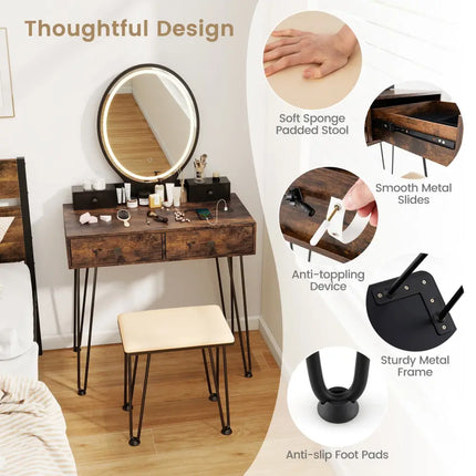 Vanity Table Set with 3-Color Lighted Dimmable Mirror-Brown - Brown - Makeup Vanities