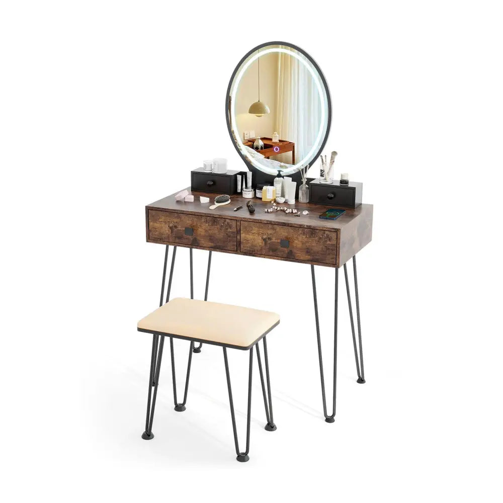 Vanity Table Set with 3-Color Lighted Dimmable Mirror-Brown - Brown - Makeup Vanities