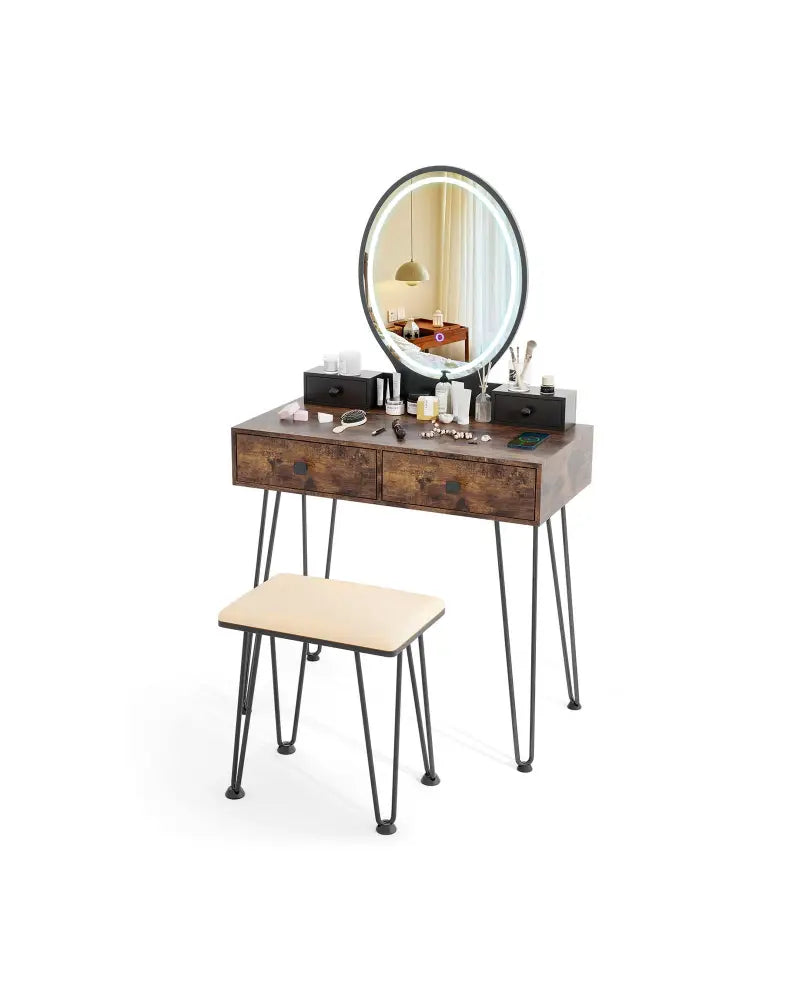 Vanity Table Set with 3-Color Lighted Dimmable Mirror-Brown - Brown - Makeup Vanities