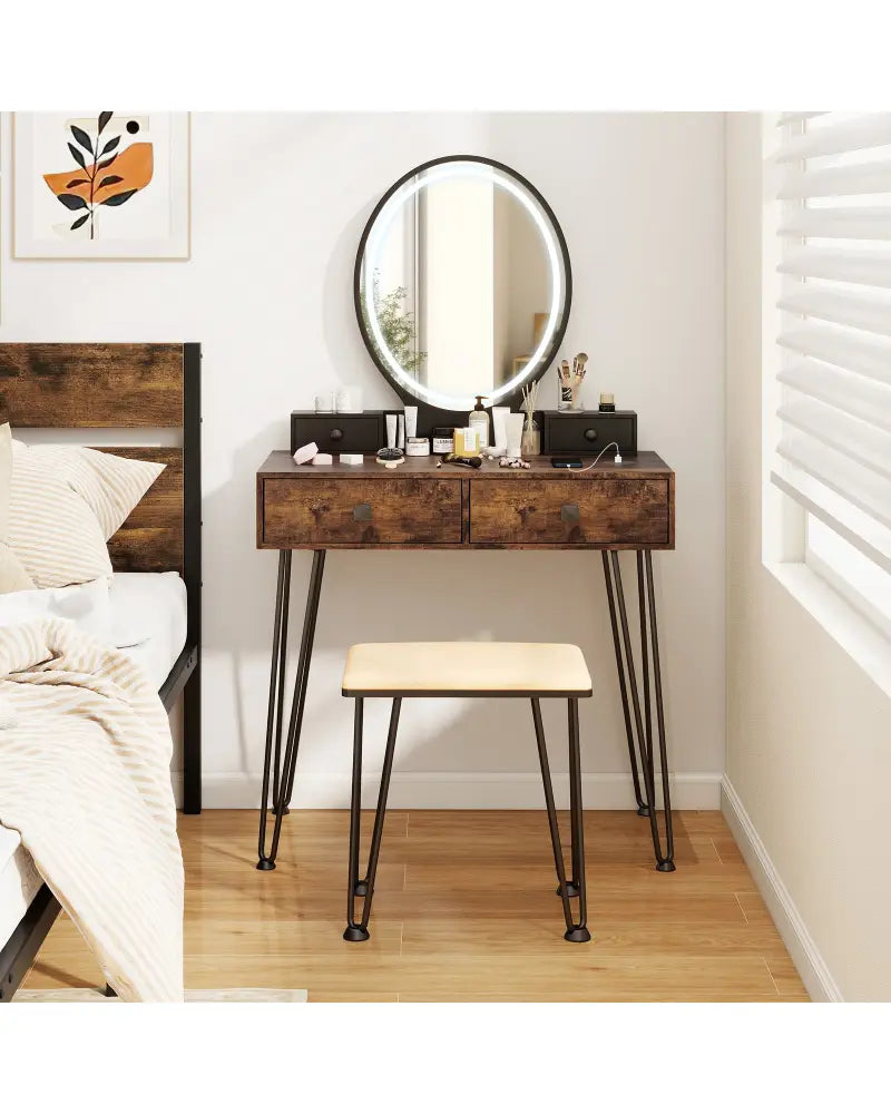 Vanity Table Set with 3-Color Lighted Dimmable Mirror-Brown - Brown - Makeup Vanities