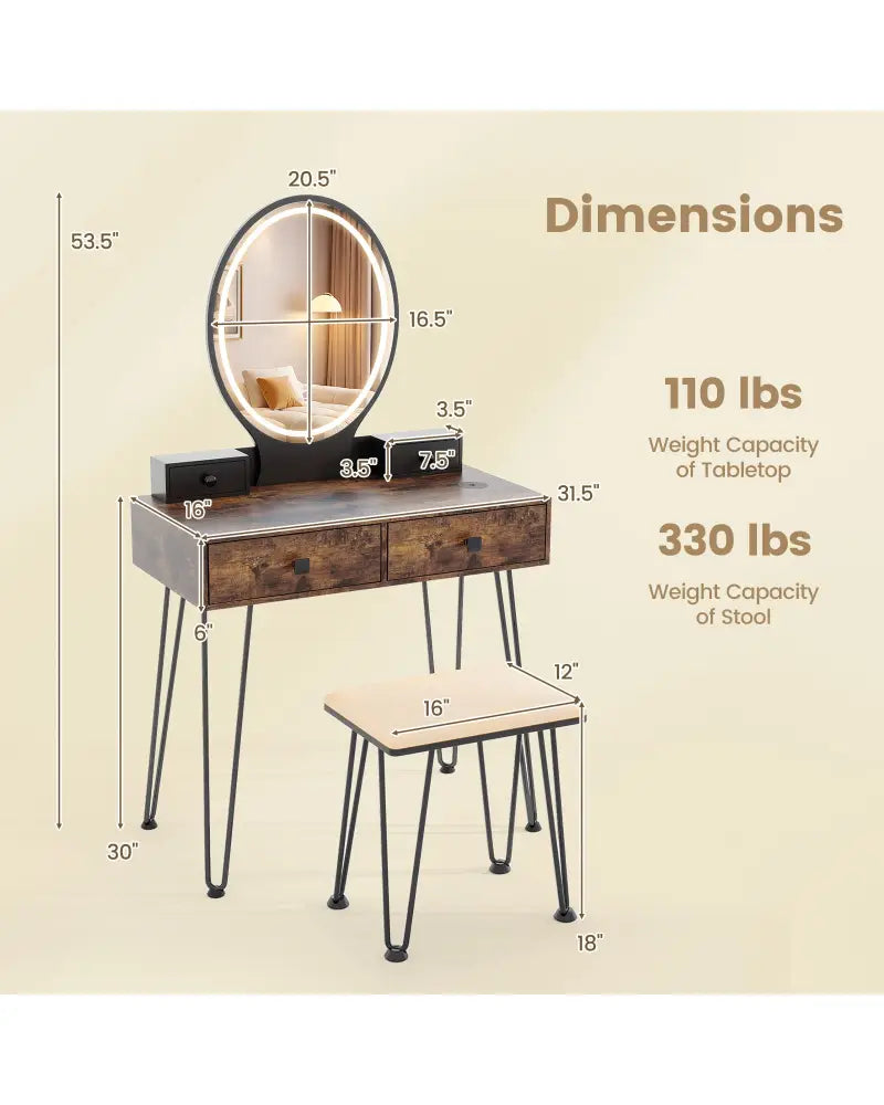 Vanity Table Set with 3-Color Lighted Dimmable Mirror-Brown - Brown - Makeup Vanities